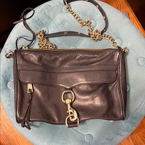 Rebekah Minkoff Leather Shoulder Bag with Gold Chain and Hardware - Black